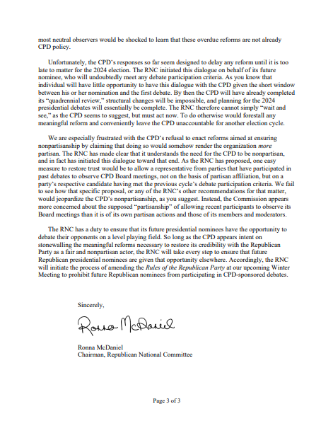 RonnaMcDaniel's tweet photo. For years, the Commission on Presidential Debates has shown bias against Republicans. 
 
Since they continue to stonewall commonsense reforms, the RNC is leveling the playing field to make debates fair for future nominees.
 
See our full letter below. https://t.co/GwrCfz29dV