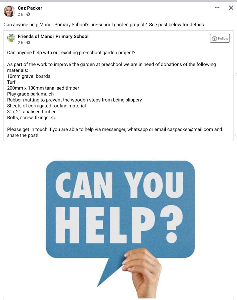 Looking for help with materials for Manor Primary School's Garden Project in Ivybridge. See screenshot of post below taken from Facebook today. Thank you in advance for any help you can give.