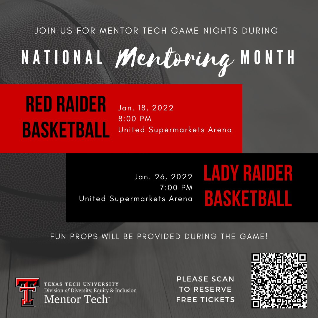 Happy National Mentoring Month!
Get your FREE tickets to the Men and Lady Raider Basketball games.
Fun props! (First come, first serve).
Wear Mentor Tech Gear. Don't have, drop by Doak Hall 114!
#NationalMentoringMonth #MentorTech #MentorshipMatters