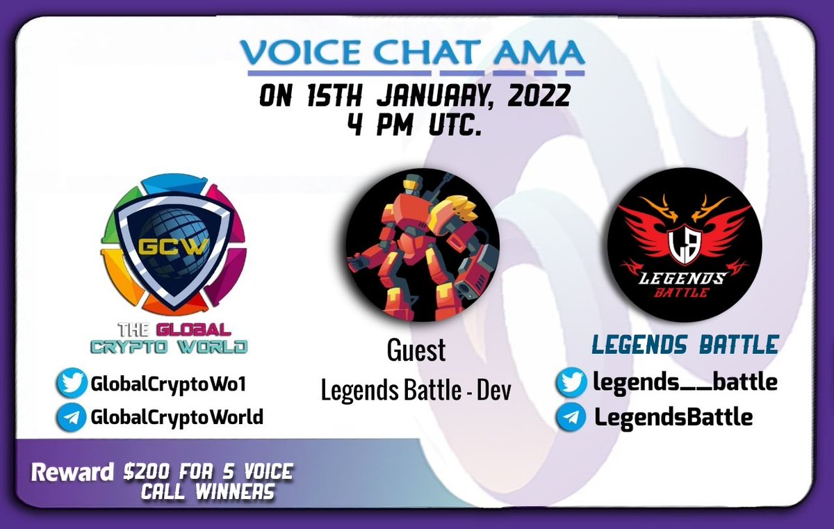 alpha_airdr0p's tweet photo. 📢 We're Pleased to announce our next #Voice #AMA with @legends__battle on 15th Jan, 4 pm UTC.

Venue: https://t.co/X5YhPvdpJz

♦️ Rules:
✅ Follow @GlobalCryptoWo1 &amp; @legends__battle
✅ Like &amp; Retweet

💰 Reward Pool: 200$
5 Voice Call Winners will be rewarded 40$ each. https://t.co/1fETWS8yWz