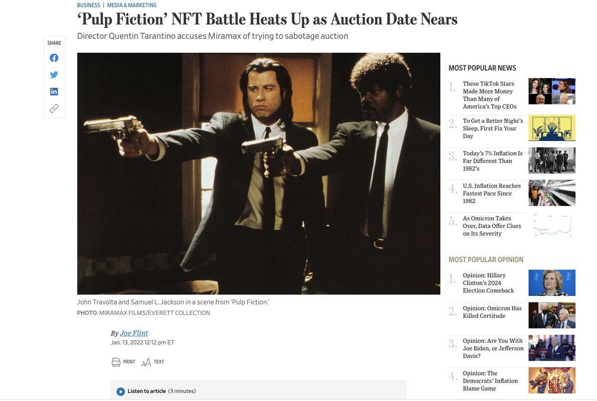 SecretNetwork's tweet image. NEW in @WSJ: the battle over super-rare @TarantinoNFTs on Secret Network is heating up as Quentin Tarantino accuses Miramax of trying to sabotage the auction - while issuing a cease and desist demand to Miramax.

At stake: creators' rights in #Web3.

Read: wsj.com/articles/pulp-…