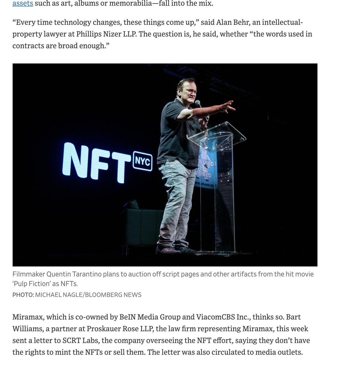 SecretNetwork's tweet image. NEW in @WSJ: the battle over super-rare @TarantinoNFTs on Secret Network is heating up as Quentin Tarantino accuses Miramax of trying to sabotage the auction - while issuing a cease and desist demand to Miramax.

At stake: creators' rights in #Web3.

Read: wsj.com/articles/pulp-…