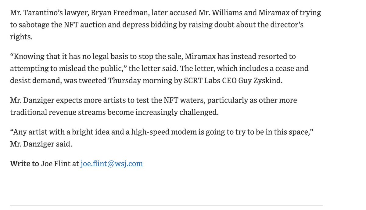 SecretNetwork's tweet image. NEW in @WSJ: the battle over super-rare @TarantinoNFTs on Secret Network is heating up as Quentin Tarantino accuses Miramax of trying to sabotage the auction - while issuing a cease and desist demand to Miramax.

At stake: creators' rights in #Web3.

Read: wsj.com/articles/pulp-…
