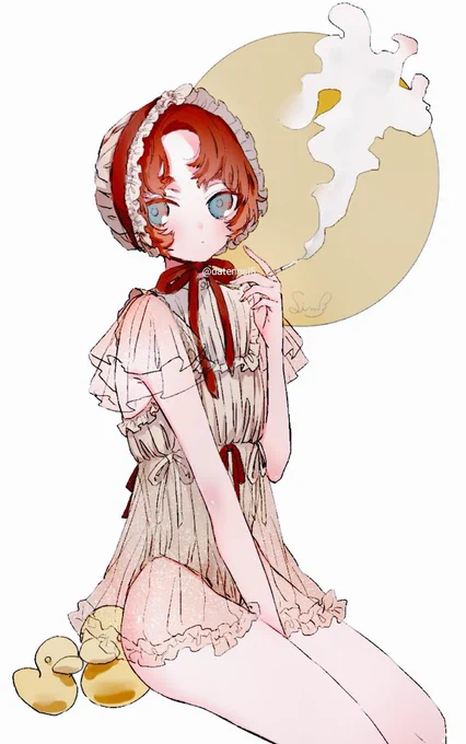 「🍼🌕🛁」
月→夜→大人(=🚬)
🍼→ベビー服
🛁→🐤

ベビー服、好きな部分だけ切り取ってアレンジしまくったら、ベビードール寄りになってきた。
名前似てるのは、そういうことなのか?
カラー悩みすぎて、四時間練ってる。
まだ悩んでる。 