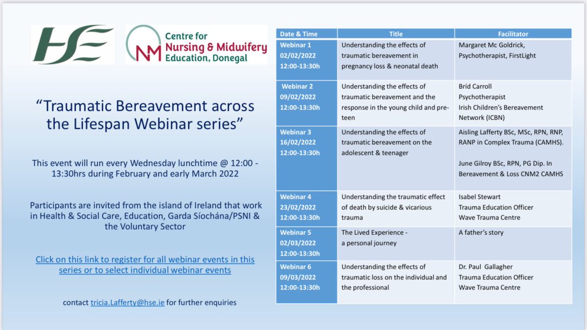 CNME_Donegal's tweet photo. The CNME, Donegal invite registration for our online webinar series: 'Traumatic Bereavement across the Lifespan' each Weds for 6 weeks starting 2nd Feb 12:00-13:30. Click to enroll https://t.co/XshGj1l3z3
@NMPDUNorthWest @CNMEGalway @CNMESligo @NurMidONMSD @CNMEMayoRos https://t.co/BimQAQjXW6