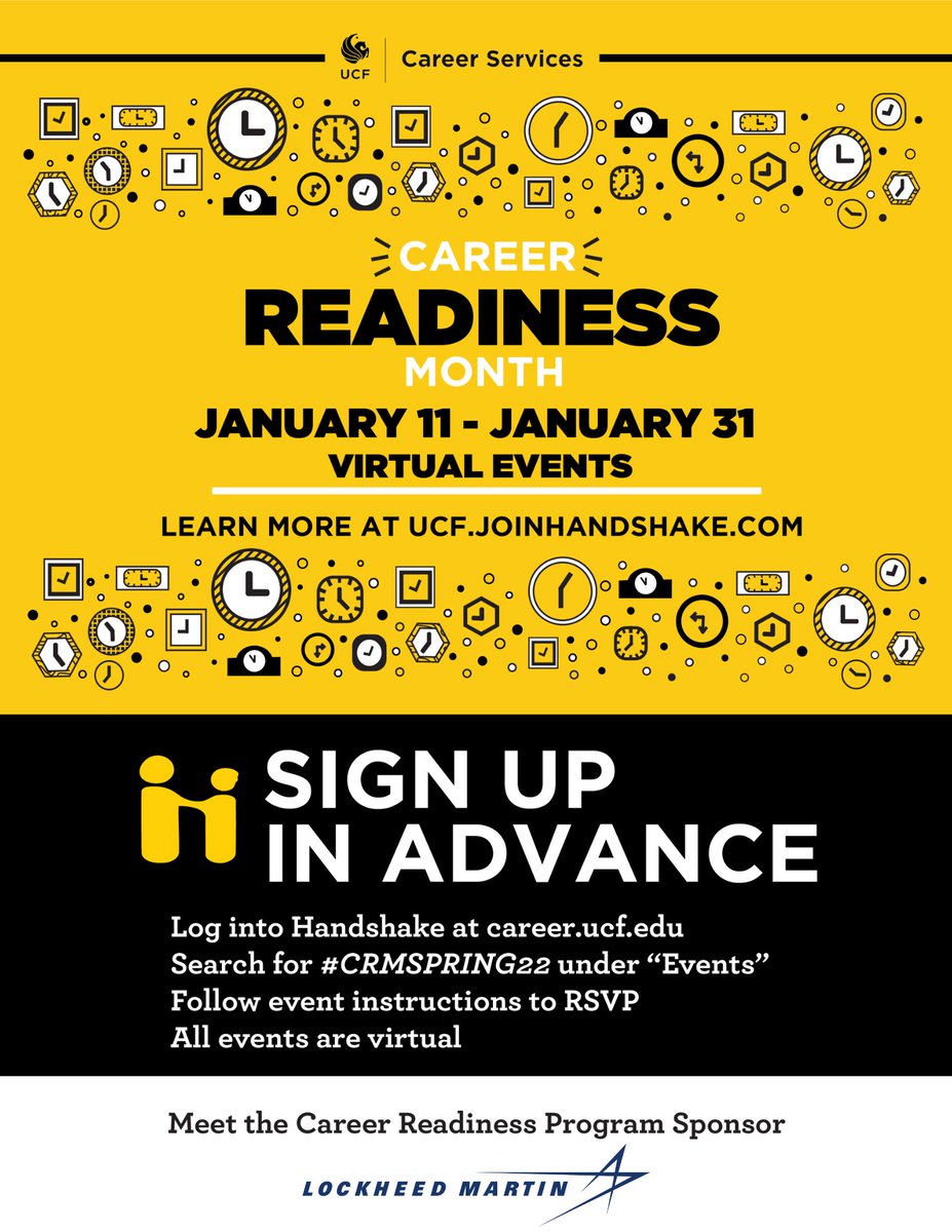 Check out all the events coming up for Career Readiness Month!

Register by searching #crmspring22 under events in Handshake. See you there!

#resume #crm #ucf #careerservices #interview #networking #resources