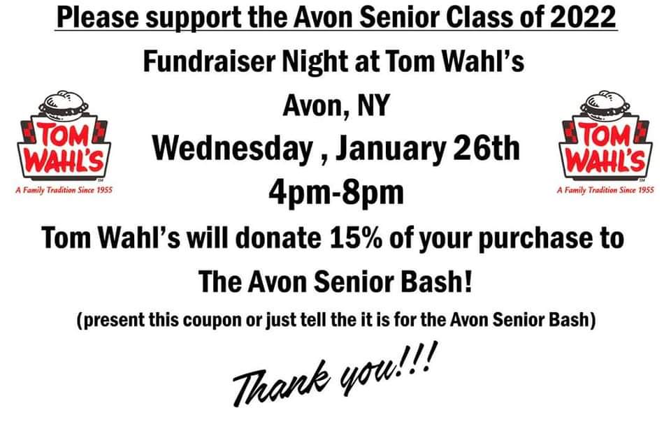 avon_central's tweet photo. Make sure you present this flier when you order your food or just tell your cashier youβre there to support the Avon Senior Bash. Thank you, @TomWahls, for your generous donation and thank you in advance to the Avon community for your support! #AvonCSD #AvonCSDHS https://t.co/L141pGprAQ