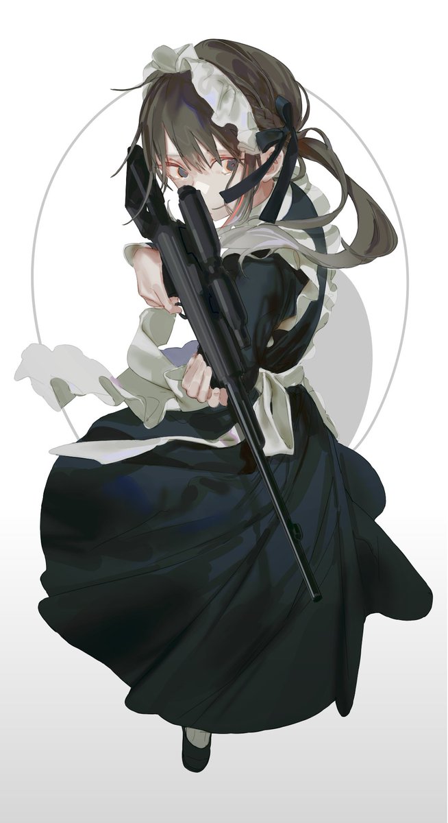 1girl solo weapon maid gun maid headdress holding  illustration images