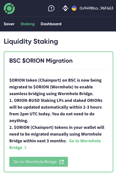 orionstaking's tweet photo. .@Orion_money is migrating $ORION token on BSC to @Wormholecrypto 🎉
In 1-2 hours, users will be able to move $ORION between BSC and other chains using @Wormholecrypto 🌉

✅ Staked $ORION and LP will be moved automatically
✅ $ORION holders have 3 months to move to new token 👇 https://t.co/W5IiRUqrNH