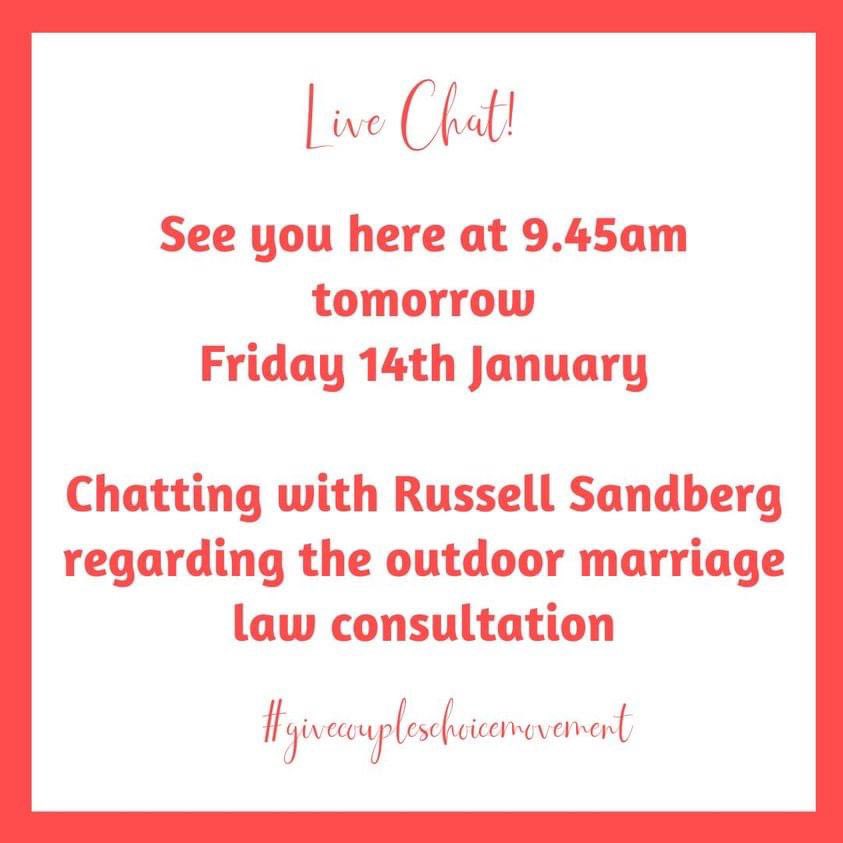 GIVE COUPLES CHOICE MOVEMENT (@gccmovement) on Twitter photo IMPORTANT-w/ 24 Jan looming for responding to Outdoor Marriage Law Consultation, it is vital all Independent Celebrants understand the proposals + how this could affect businesses
Join <a href="/GCCMovement/">GIVE COUPLES CHOICE MOVEMENT</a> <a href="/sandbergrlaw/">Russell Sandberg</a> tomorrow, Fri 14th @ 9.45am to discuss at
facebook.com/GCCMovement IMPORTANT-w/ 24 Jan looming for responding to Outdoor Marriage Law Consultation, it is vital all Independent Celebrants understand the proposals + how this could affect businesses
Join <a href="/GCCMovement/">GIVE COUPLES CHOICE MOVEMENT</a> <a href="/sandbergrlaw/">Russell Sandberg</a> tomorrow, Fri 14th @ 9.45am to discuss at
facebook.com/GCCMovement