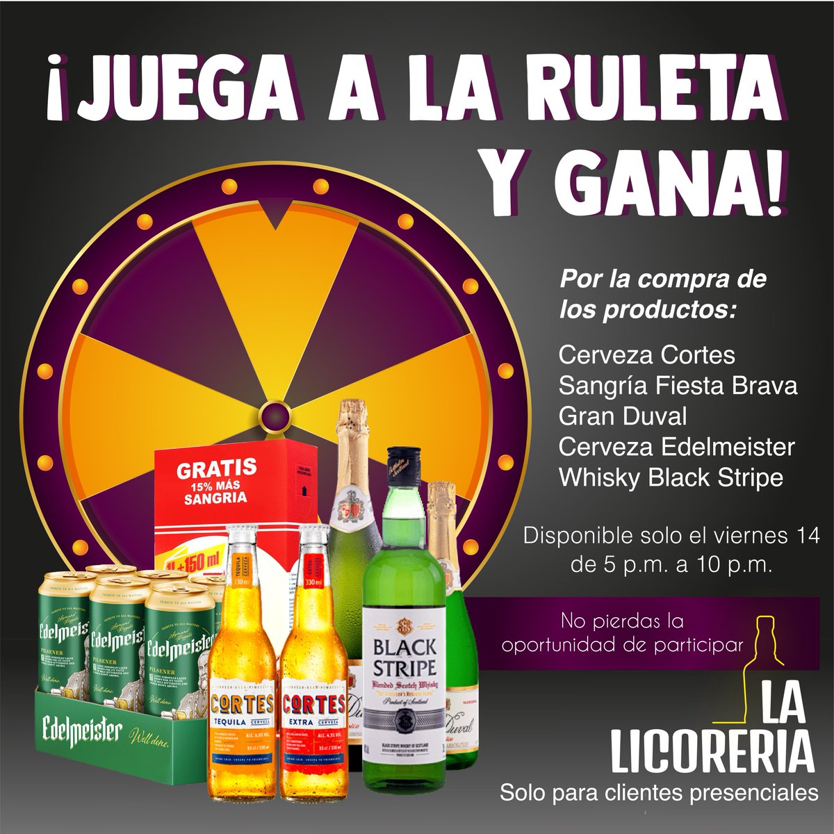 Lalicoreria1's tweet photo. 😍La licorería trae una gran promo.

🤩Ven, compra en La Licorería y juega en la Súper Ruleta para que puedas ganar muchos premios.

🥰Sin sorteos, únicamente depende de tu habilidad, así que ven y compra los productos seleccionados

👍Te esperamos mañana de 17:00 a 22:00 horas. https://t.co/Nwo2YV4Wcu