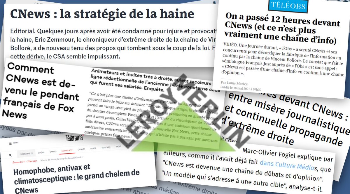 slpng_giants_fr's tweet photo. 🚨@LeroyMerlinFr, vous refuseriez un quart de page dans un magazine ethno-identitaire obsédé par l'immigration,  ultra-orienté, en procès pour racisme et qui se rallie à un candidat lui-même condamné.

Alors pourquoi payer des spots sur #CNews ?
Qu'est-ce qui détermine ce choix ? https://t.co/DNkw8vG6iU