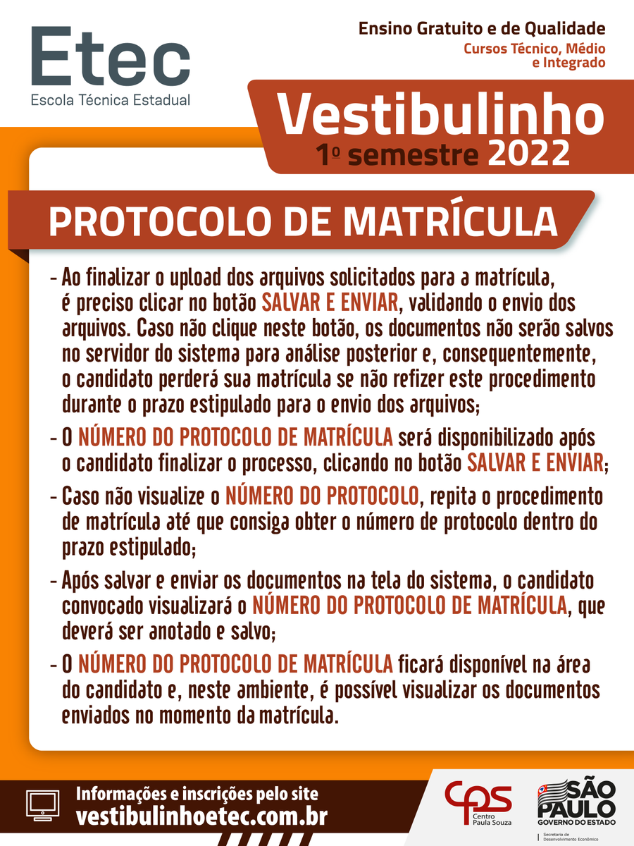 📢 Atenção ao PROTOCOLO DE MATRÍCULA do #Vestibulinho das #Etecs!

‼️ Antes de efetuar a matrícula, leia atentamente o Manual do Candidato: vestibulinhoetec.com.br

➡ Saiba mais: bit.ly/3nexTP0

#CentroPaulaSouza #CPS #Etec #VemPraEtec  #VestibulinhoEtec