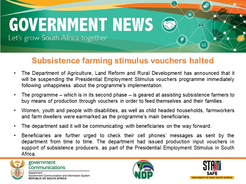 SUBSISTENCE FARMING STIMULUS VOUCHERS HALTED

The #programme – which is in its second phase – is geared at assisting subsistence farmers to buy means of production through vouchers in order to feed themselves and their families.
#SANews
#economicgrowth
#backtoschool2022 https://t.co/rf5iTUsG8b