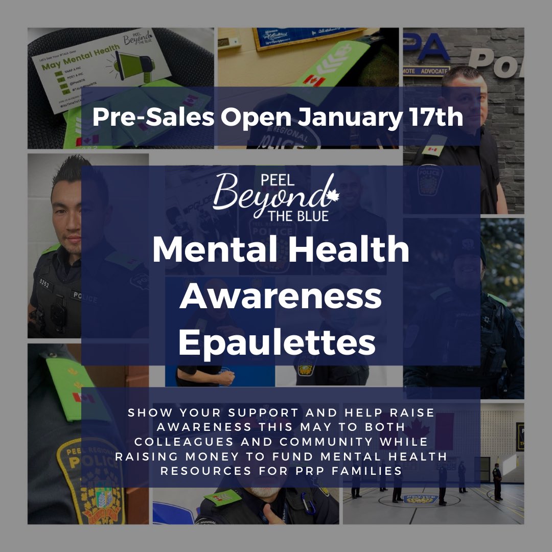 ATTENTION🚨 Peel Beyond The Blue will be running our second annual May mental health campaign this year. Pre-Sales for Green Epaulettes will be opening January 17th and will end February 21st. Stay tuned for updates!