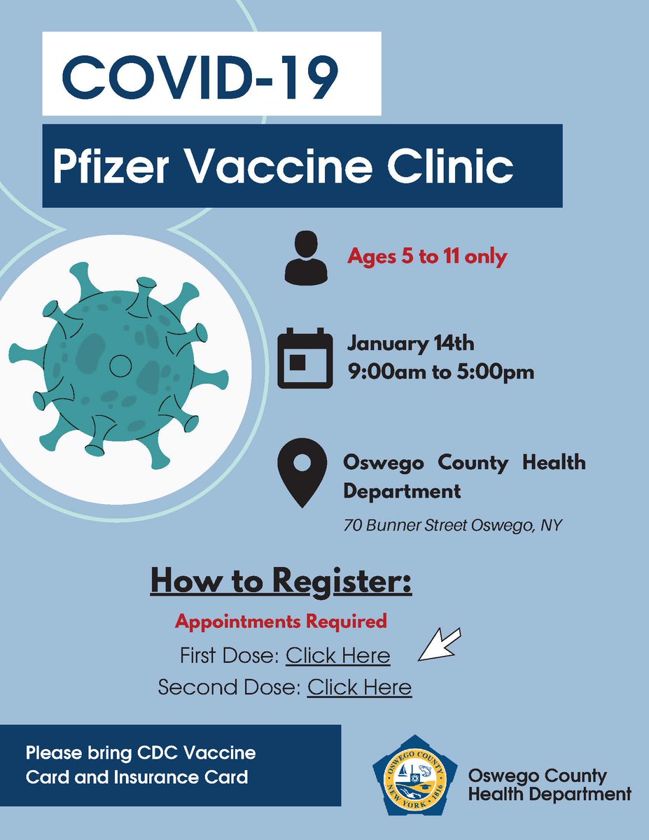 On 1/14 from 9:00-5:00, there will be a COVID-19 vaccine clinic for children 5-11 at the Oswego Co Health Dept., located at 70 Bunner Street in Oswego. 

For first dose appointments: apps2.health.ny.gov/.../appl.../cd…...
Second dose appointments: apps2.health.ny.gov/.../appl.../cd…...