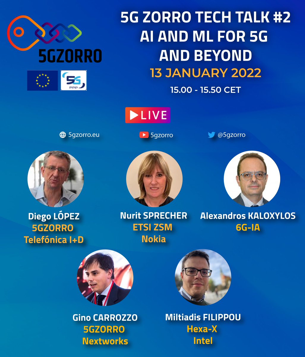 Want to have hints on the current landscape for AI/ML applications for 5G and beyond? 
5GZORRO Tech Talk#2 will be 1-click away from here 
youtube.com/channel/UCj6-r…

<a href="/ETSI_STANDARDS/">ETSI</a>
<a href="/OpenSourceMANO/">OSM - OpenSourceMANO</a> <a href="/5GPPP/">5GPPP</a> <a href="/5Gzorro/">5GZORRO</a> <a href="/Hexa_X_2020/">Hexa-X</a> <a href="/dr2lopez/">Diego R. Lopez</a> <a href="/ginocarrozzo/">Gino Carrozzo</a>