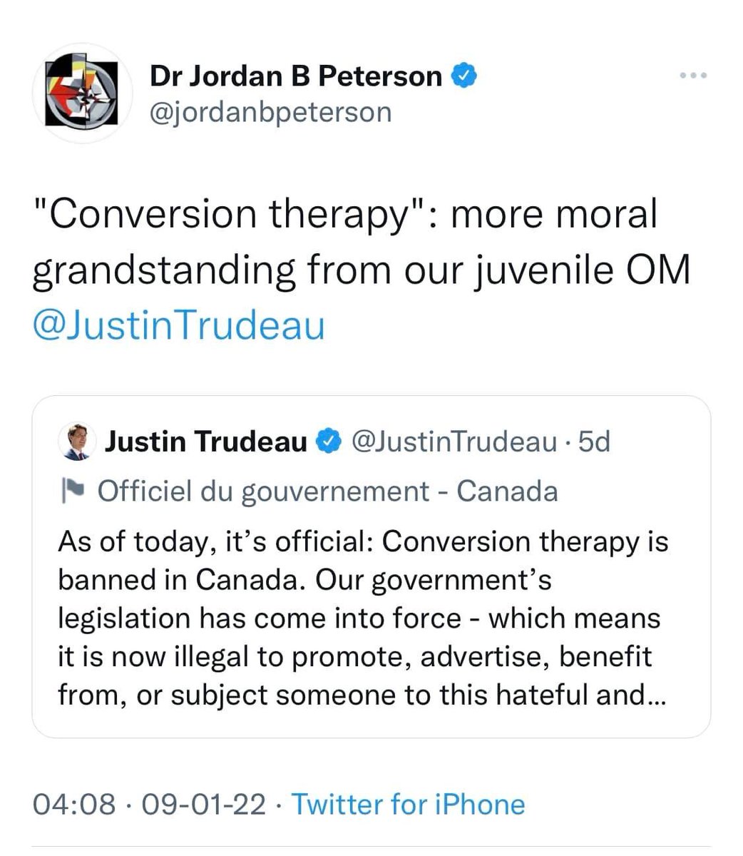 If you ever bought into @jordanbpeterson. Conversion therapy; where children & adults are forced into sessions to 'convert' them out of being gay (impossible), is disgusting. This banning by @JustinTrudeau isn't moral grandstanding, it is moral.
