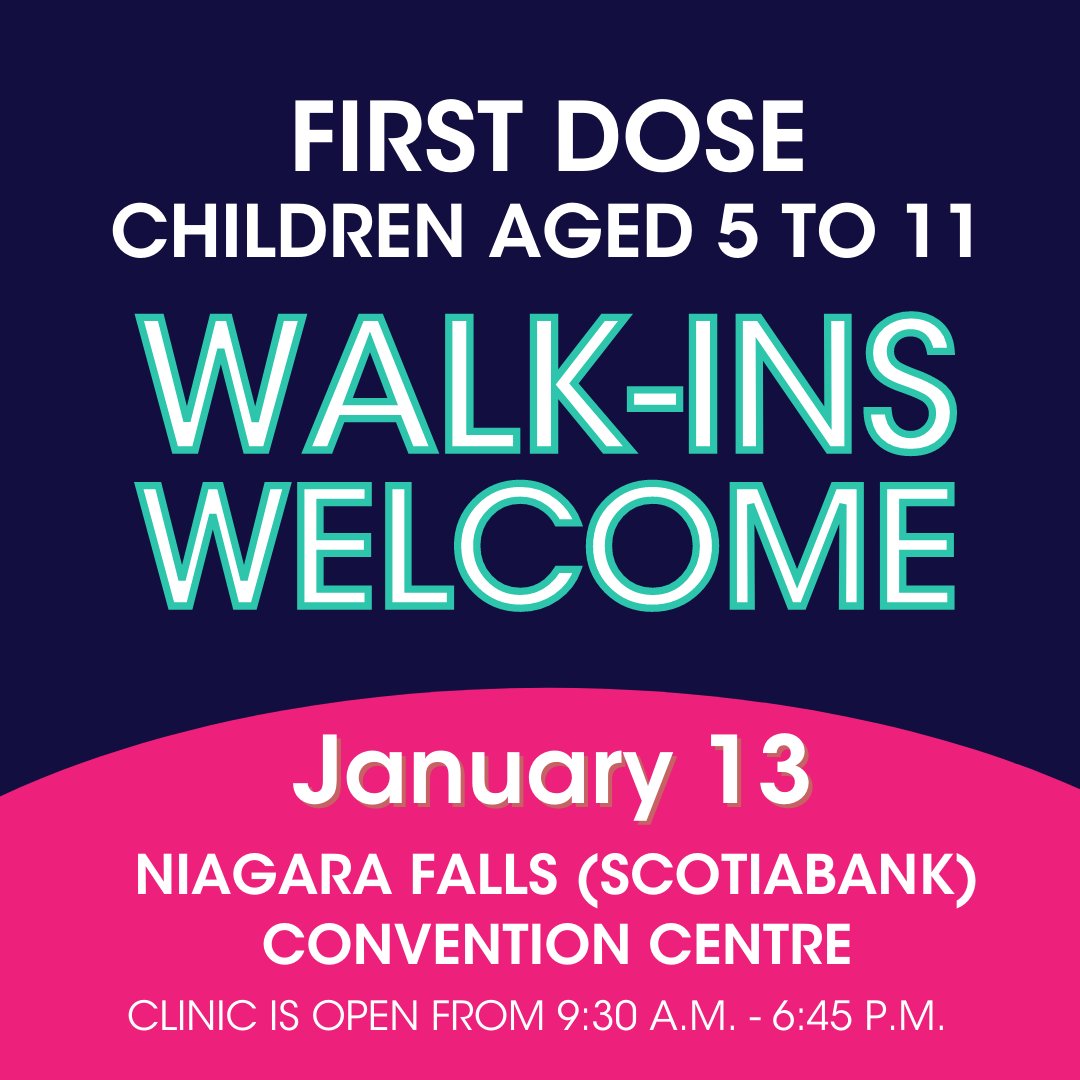 NRPublicHealth's tweet photo. 📢𝐓𝐎𝐃𝐀𝐘 | Walk-ins are welcome for children's first dose at Niagara Falls (Scotiabank) Convention Centre.

✅Ages 5 to 11
🧒1st dose
🗺️6815 Stanley Ave, Niagara Falls

🔗https://t.co/opOCaQRUBJ

#VaccinateNiagara #StickItToCovid https://t.co/j6Um2V6An2