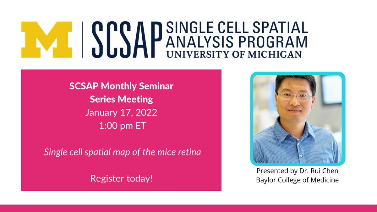 vizgen_inc's tweet image. The next SCSAP Monthly Seminar hosted by @UMich is featuring Dr. Rui Chen! Join us on January 17th from 1:00-2:00 pm EDT to listen to Dr. Chen share his journey about creating a #SingleCell #SpatialMap of the mouse retina using #MERFISH. Register here: hubs.ly/Q01237dK0