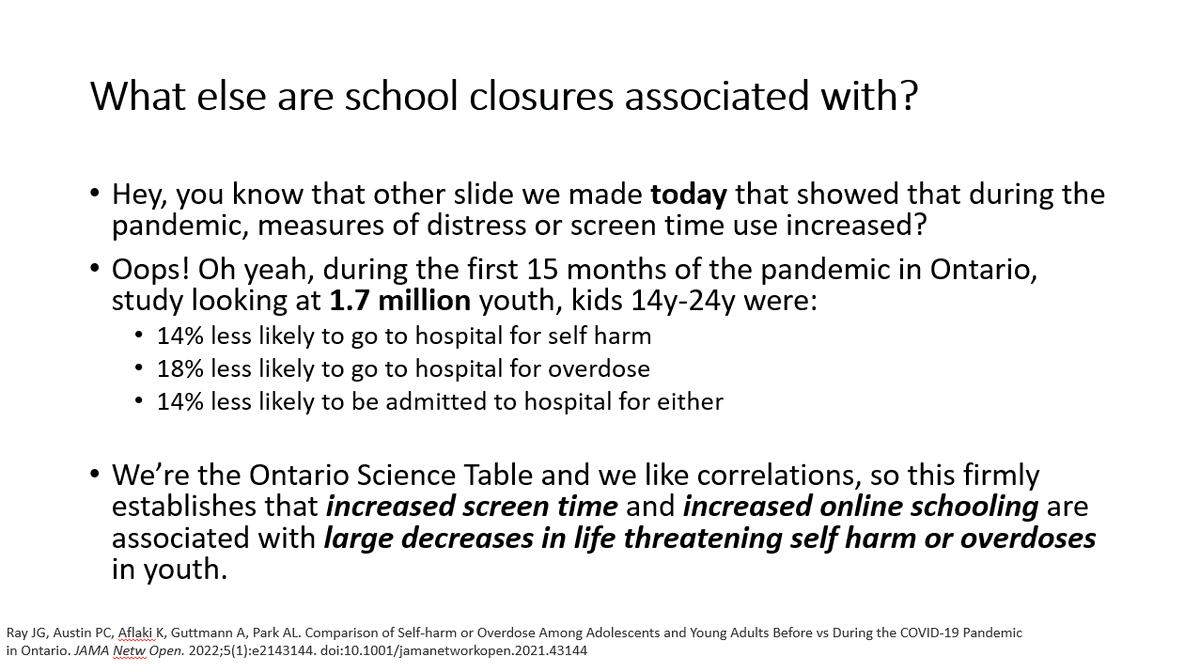 tylerblack32's tweet image. /1 Good morning Ontario! I made a helpful new slide for the Ontario Science Table, based off of the new JAMA publication of Ontario data. They really enjoy correlating things to screen time so I thought "less kids harming themselves or overdosing" might help.