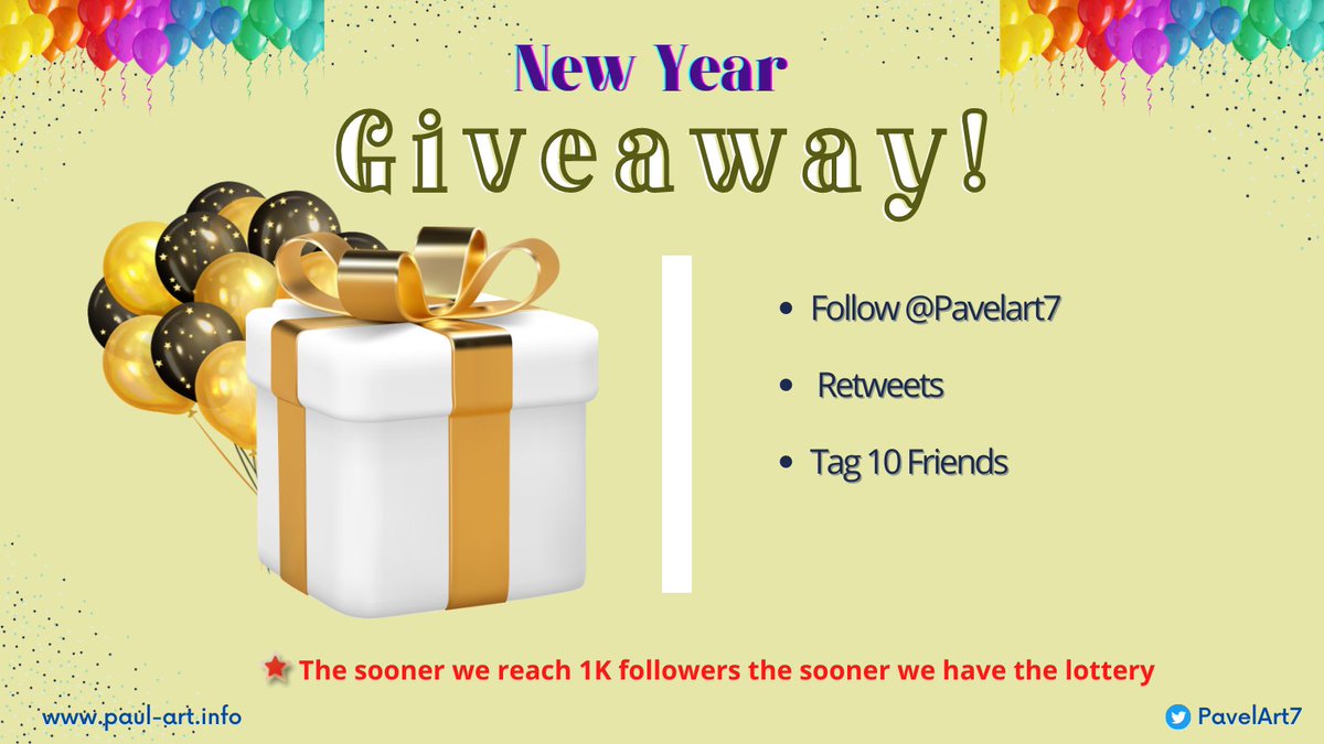 🎉#NFTGiveaway🎉

🎁One lucky winner will get a premium nftart! 
paul-art.info
#NFT! Stay tuned👀

TO PARTICIPATE:
1️⃣ Follow @Pavelart7
2️⃣🔁 Retweet
3️⃣Tag 10 Friends
 When you fulfil terms DM with address of wallet

#NFTgiveways #nftart #NFTCommunity #NFTs #nftcollector