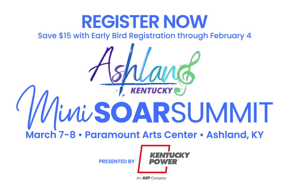 SOAR_EKY's tweet photo. Registration is NOW OPEN for the first-ever SOAR Mini Summit, presented by @KentuckyPower. Join us in Ashland on March 7-8 and let's talk about tourism and downtown revitalization!
Register now: https://t.co/v4y9fCDKSc
#thereisafuture #Appalachia https://t.co/AEHWf6XFT8