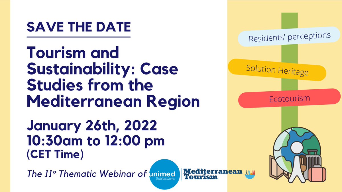 unimed_network's tweet photo. Tourism and Sustainability: Case Studies from the Mediterranean Region
📅January 26th, 2022 🕥 10h30 am CET
Register for the II° Webinar of the #UNIMEDSubNetwork on Mediterranean #Tourism 👉https://t.co/JkUDI0mzlK https://t.co/05XAwTNMjf