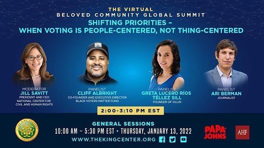 BerniceKing's tweet photo. Streaming HERE TODAY at 10am ET.
RT, tag and invite 10 people.
Necessary in 2022. We must #ShiftPriorities to create the #BelovedCommunity. And #ItStartsWithMe. With each of us. Individually, Collectively, Globally.
Let’s strategize for these revolutionary times.
#MLKDay2022 https://t.co/jbhsl9ivDN