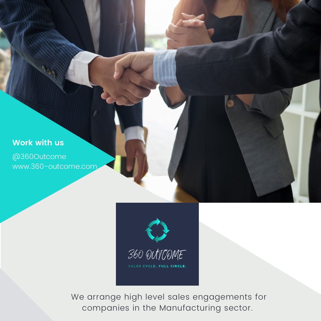 360Outcome's tweet image. We’ll open, you close! 

360 OUTCOME exclusively supports the sales efforts of companies within the manufacturing sector. 

Visit our website to find out how we work with you and your sales teams to realize your sales 

#360Support #SalesPipeline #SalesMetrics #360Outcome