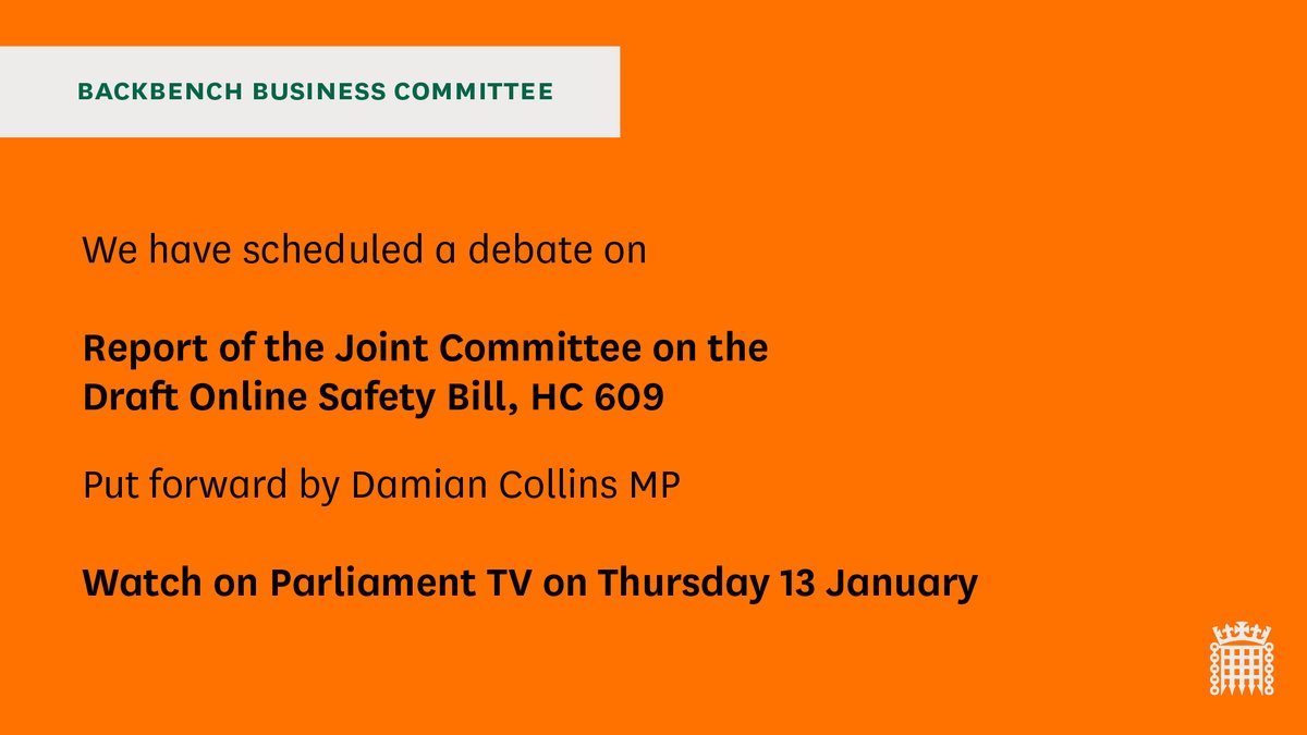 Backbench Business Committee (@commonsbbcom) on Twitter photo Today's second item of #BackbenchBusiness in the Chamber has just started.
<a href="/DamianCollins/">Damian Collins</a> put forward this debate on the Report of the Joint Committee on the draft Online Safety Bill, HC 609.
Follow proceedings live at Parliament TV 📺
parliamentlive.tv/Commons Today's second item of #BackbenchBusiness in the Chamber has just started.
<a href="/DamianCollins/">Damian Collins</a> put forward this debate on the Report of the Joint Committee on the draft Online Safety Bill, HC 609.
Follow proceedings live at Parliament TV 📺
parliamentlive.tv/Commons