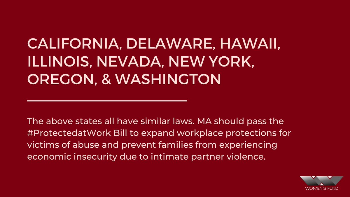 WomensFundWMass's tweet photo. Preventing DV &amp; its consequences is a collective social challenge; 1 place where positive change can happen—for victims, offenders, &amp; employers—is the workplace. MA should pass #ProtectedAtWork to expand workplace protections for victims of abuse. #DVawareness #Mapoli https://t.co/XCohJX1Qpq
