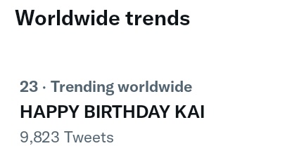 [TRENDS] 220113 — Worldwide trends:

23. HAPPY BIRTHDAY KAI

#HappyKaiDay
#AllRounderKaiDay 
#종인아생일축하해 
#너의모든날들을사랑해_종인아