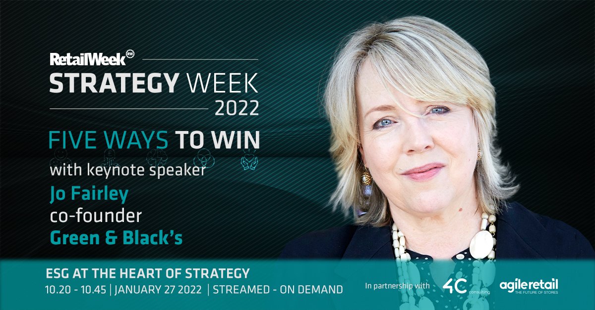 RetailWeek's tweet photo. Have you secured your spot yet?
Join #StrategyWeek free virtual masterclasses as we explore putting environmental, social and governance at the heart of your strategy with keynote speaker Jo Fairley, Co-Founder @greenandblacks and more.
https://t.co/XjxsRBlsDG https://t.co/u26E9YCE1m
