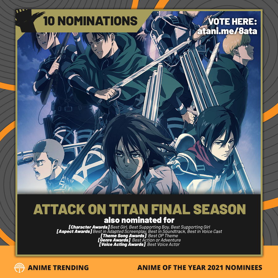 AniTrendz's tweet photo. #8thATA: Vote Attack on Titan (Shingeki no Kyojin) for Anime of the Year and 9 other awards at https://t.co/cjkJo92kXn!

#shingeki #AttackOnTitan https://t.co/qW8egrbyg7