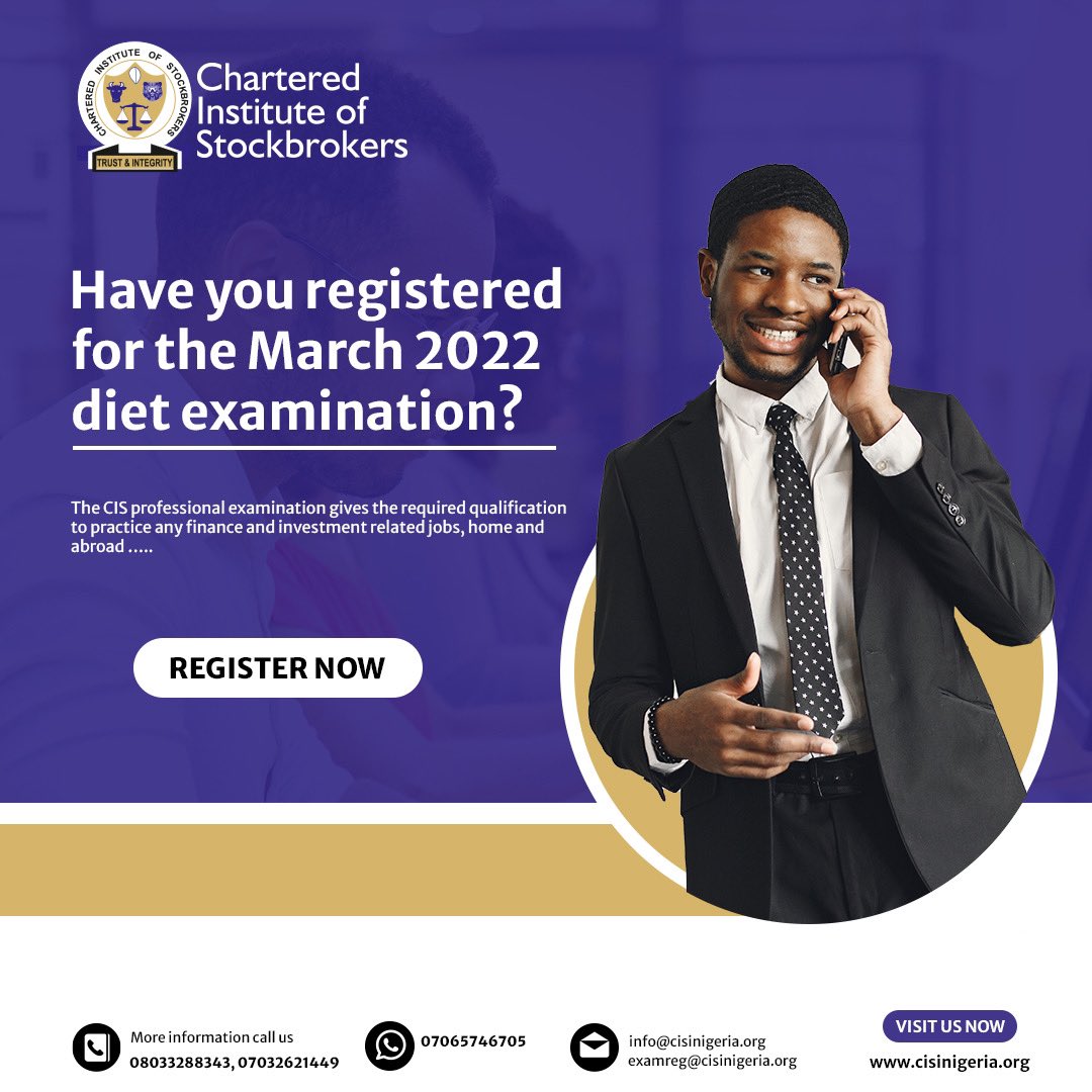 Register now to enjoy 10% discount on exam registration fee. Offer valid till January 31, 2022.

Visit cisinigeria.org for more information or call 08033288343, 07031839685.

 #investmentadvice #education #finance