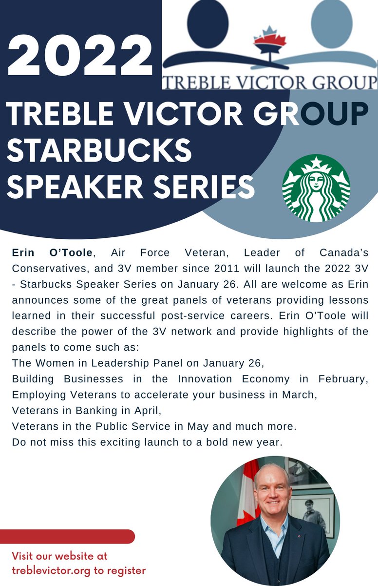 treblevictor's tweet photo. Join us on Jan 26 as @erinotoole announces our #2022 3V-@Starbucks Speaker series. Visit our website to register. https://t.co/Hvhr4sCDK0
#innovation #Veteran #leadership #speakers #accelerate #careerdevelopment https://t.co/gZzVJX1Pz7