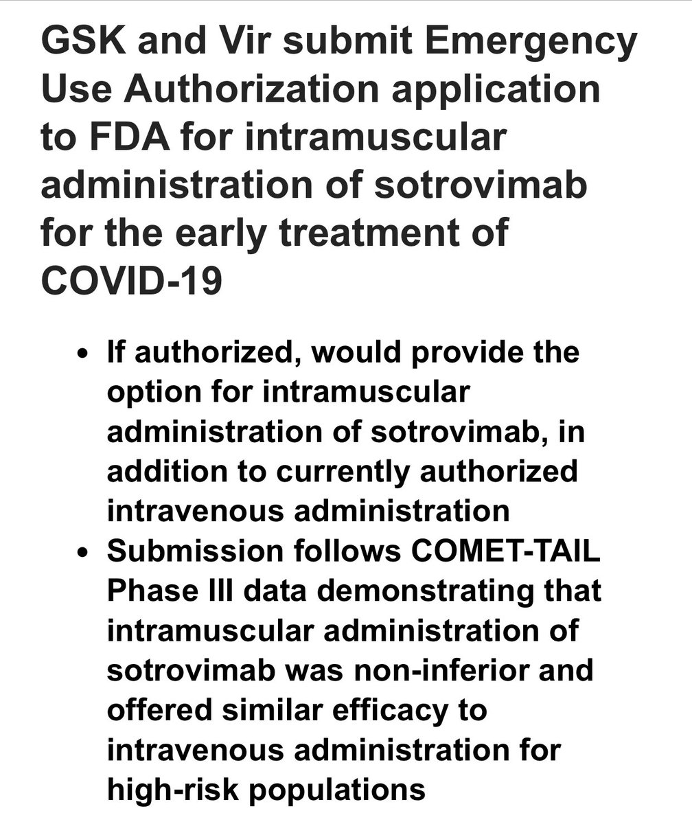 July 2021 - while the USA was wrapped up in poor vaccines from #Pfizer and #Moderna
UAE announces two-week treatment results for Covid-19 medicine #Sotrovimab
Led to 100 per cent prevention of death and 99 per cent prevention of admissions to ICU 