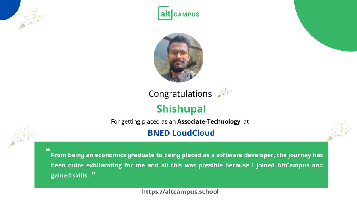 Yes, an economics graduate too can become a software developer through #AltCampus

Congratulations <a href="/shishupalamigo/">Shishupal Kumar</a> for getting placed as an Associate-Technology at BNED LoudCloud 🎉🎉

#altcampus #Bootcamp #SoftwareDevelopment