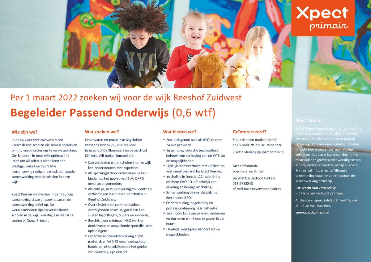 Per 1 maart zijn we voor de wijk Reeshof Zuidwest op zoek naar een ervaren en proactieve Begeleider Passend Onderwijs.

Kun je verbinden en de scholen in onze wijk ondersteunen met expertise?

Interesse? Reageer dan vóór 28 januari!