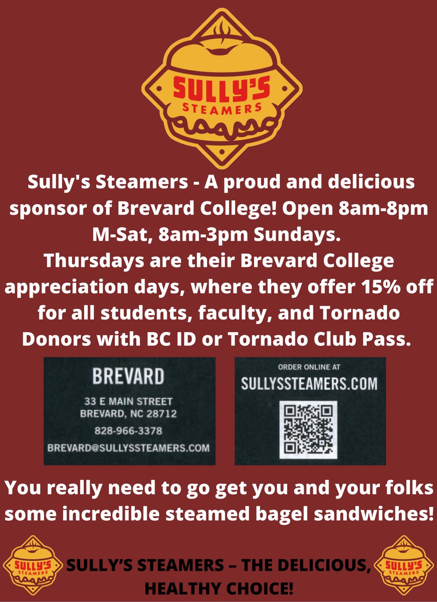 Announcing a new exclusive partnership between <a href="/BrevardCollege/">Brevard College</a> Athletics and <a href="/SullysSteamers/">Sully</a>! 

Every Thursday is BC Appreciation Day at Sully's in Brevard. Students, faculty, &amp; staff with BC ID and Tornado Club members with their Tornado Club Pass receive 15% off! #NadoNation