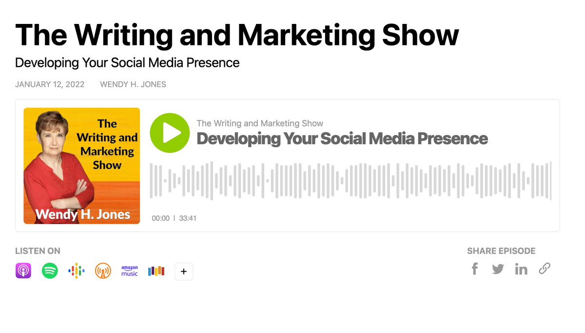 Thank you <a href="/WendyHJones/">Wendy H. Jones</a>  for asking me to appear on your Writing &amp; Marketing Show podcast. it's available to listen here:

wendyhjones.buzzsprout.com/807761/9859787…

#socialmedia #marketing #authors #writing