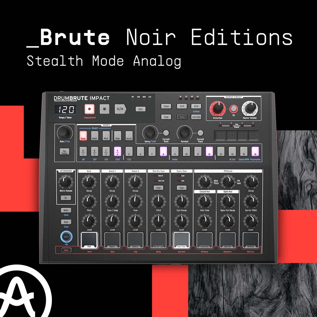 ArturiaOfficial's tweet photo. _Introducing Brute #Noir Editions: three all-black analog desktop machines, harnessing raw voltage for music creation. Available now while stocks last. https://t.co/ZjUzHWoPAs https://t.co/RywijNgBF8