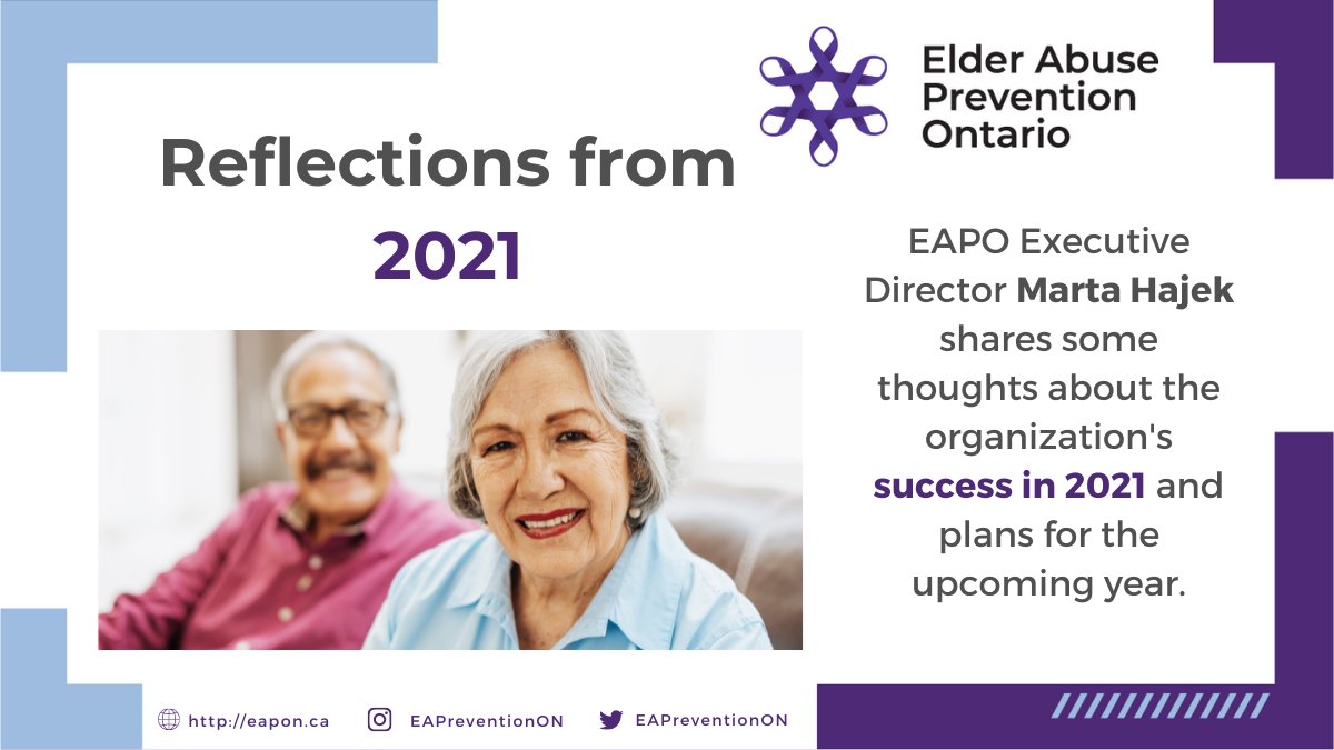 EAPreventionON's tweet photo. 2021 was a fantastic year for us! Read about some of our highlights from 2021 and plans for 2022 in our latest #blog.
https://t.co/cPnKqXrBUJ
#ElderAbusePrevention #Seniors #RestoreRespect https://t.co/NHLS6vV45W