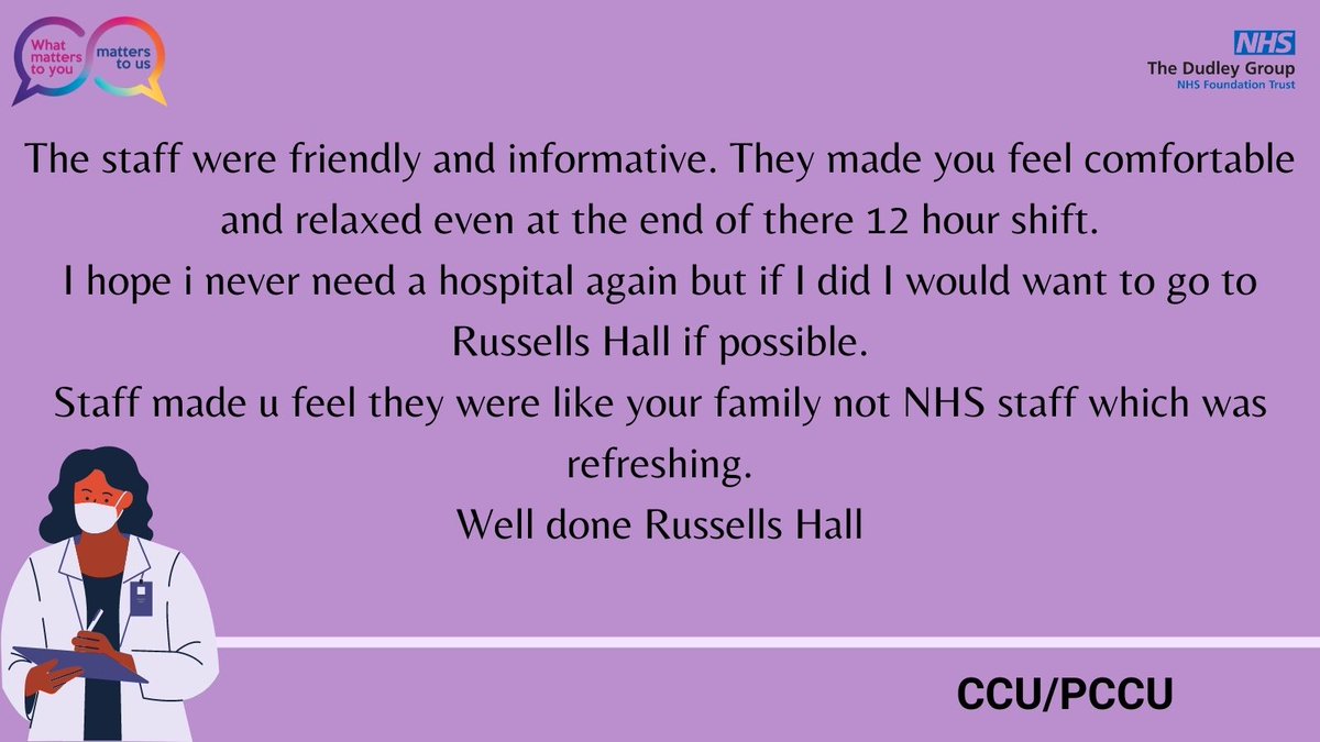 #TalkToUsTuesday Well done to @CareRhh this is fabulous feedback! Making patients comfortable and relaxed!
@jillfaulkner65 @MarySextonNHS @DudleyGroupNHS @DudleyGroupCEO #WhatMattersToYou