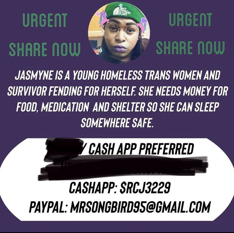 JASMYNE NEEDS $80 BY 11AM TO EXTEND HER MOTEL ROOM AND NOT BE BACK IN THE COLD‼️‼️ WE CAN MAKE $80 HAPPEN💪🏾💪🏾 PLEASE LIKE SHARE DONATE AND BOOST💯💯 #TransIsBeautiful #MutualAid #MutualAidRequest #transmutualaid #TransCrowdFund #trans #crowdfund #help #endhomelessness