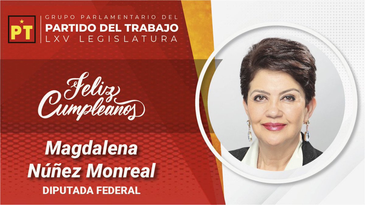 Las y los legisladores del #GPPT deseamos un feliz cumpleaños a nuestra compañera y diputada <a href="/Magda_NunezM/">Magda Núñez</a>.
¡Muchas felicidades en tu día! 🥳