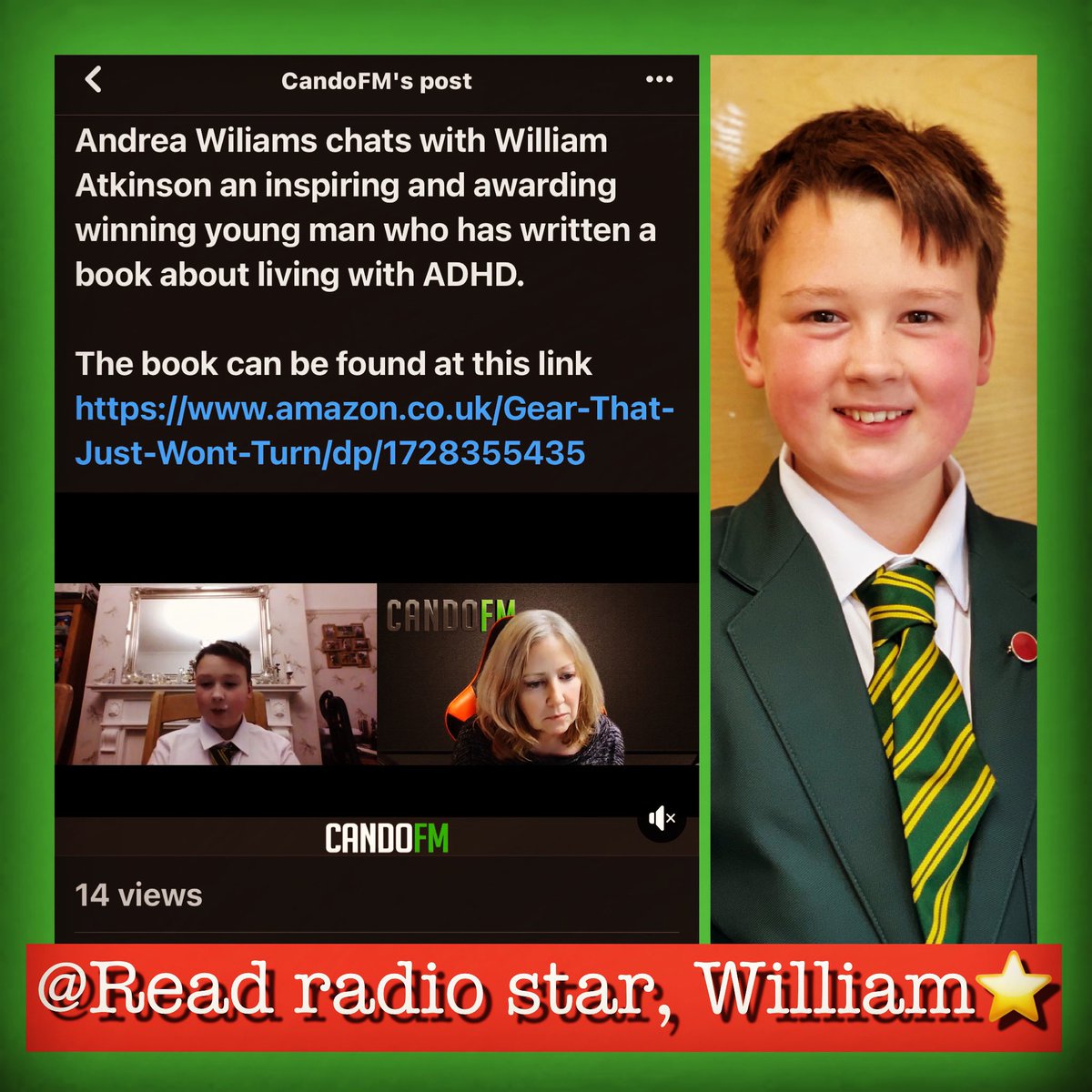 ⭐️ Talented William is Child of the Year, author ✍️, correspondent with HRH Camilla, Blue Peter badge holder, special needs campaigner &amp; delightful boy. Now add, radio star! Today on CandoFM <a href="/CandoRadio/">Cando Radio</a>, talking about ADHD &amp; his book 👏🏻: facebook.com/CandoRadio/vid… #followyourdreams
