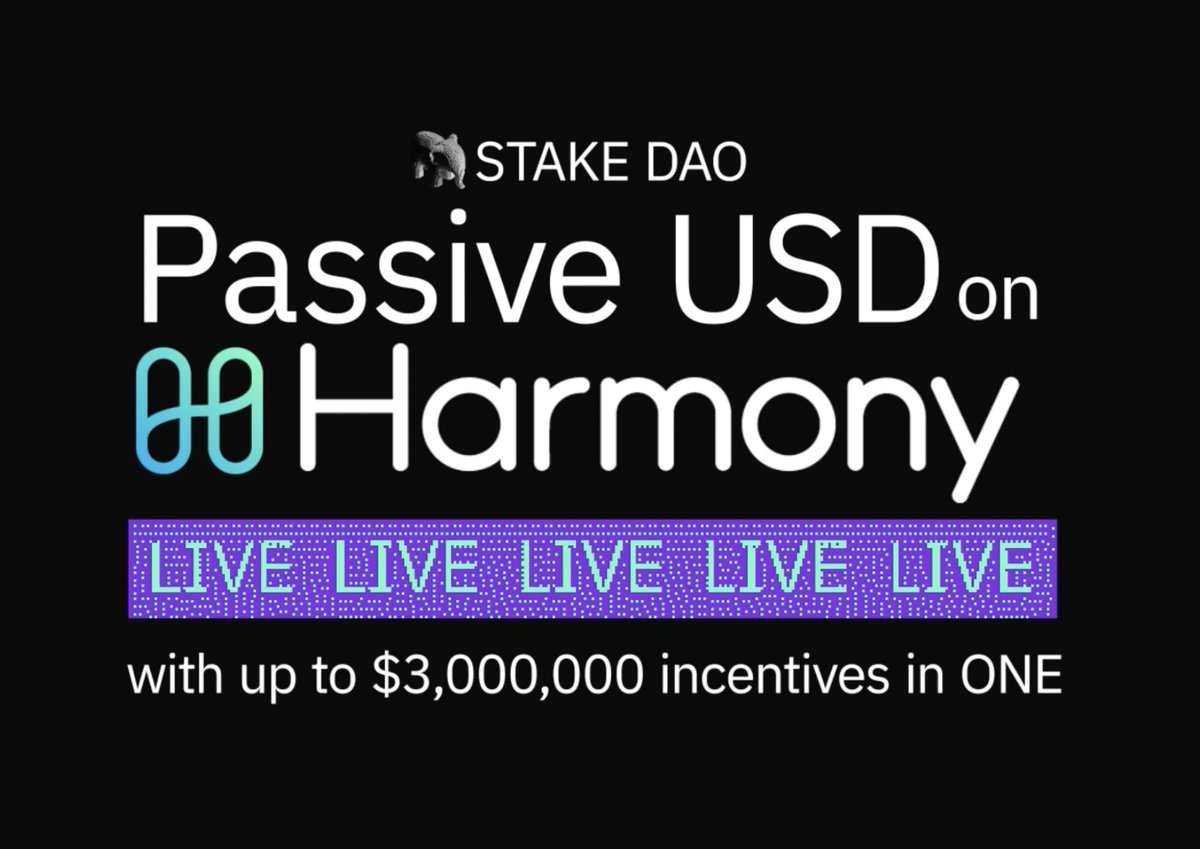StakeDAOHQ's tweet photo. Herd, you can now earn 🔥🔥 USD stablecoin yields on @harmonyprotocol💙

⚡Boosted with up to $3M of incentives 🤯

🎁If that's not enough, $1K in $ONE is up for grabs⬇️

✅Follow @StakeDAOHQ &amp; @harmonyprotocol

✅Retweet

Strategy here ⬇️

https://t.co/0NeWZbCpMh https://t.co/hpgrzSbuit