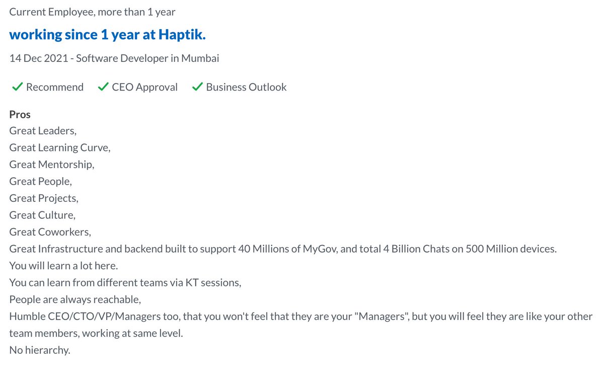 haptik's tweet photo. Bidding goodbyes to the mid-week blues with this great employee review๐๐ผ
It brings us utmost joy to see Haptikans thrive both personally and professionally in this culture ๐คฉ
Hereโs to many more reviews ๐๐ฟ
@Glassdoor #LifeatHaptik #employeeappreciation #CultureWins https://t.co/TOGKStrCB5